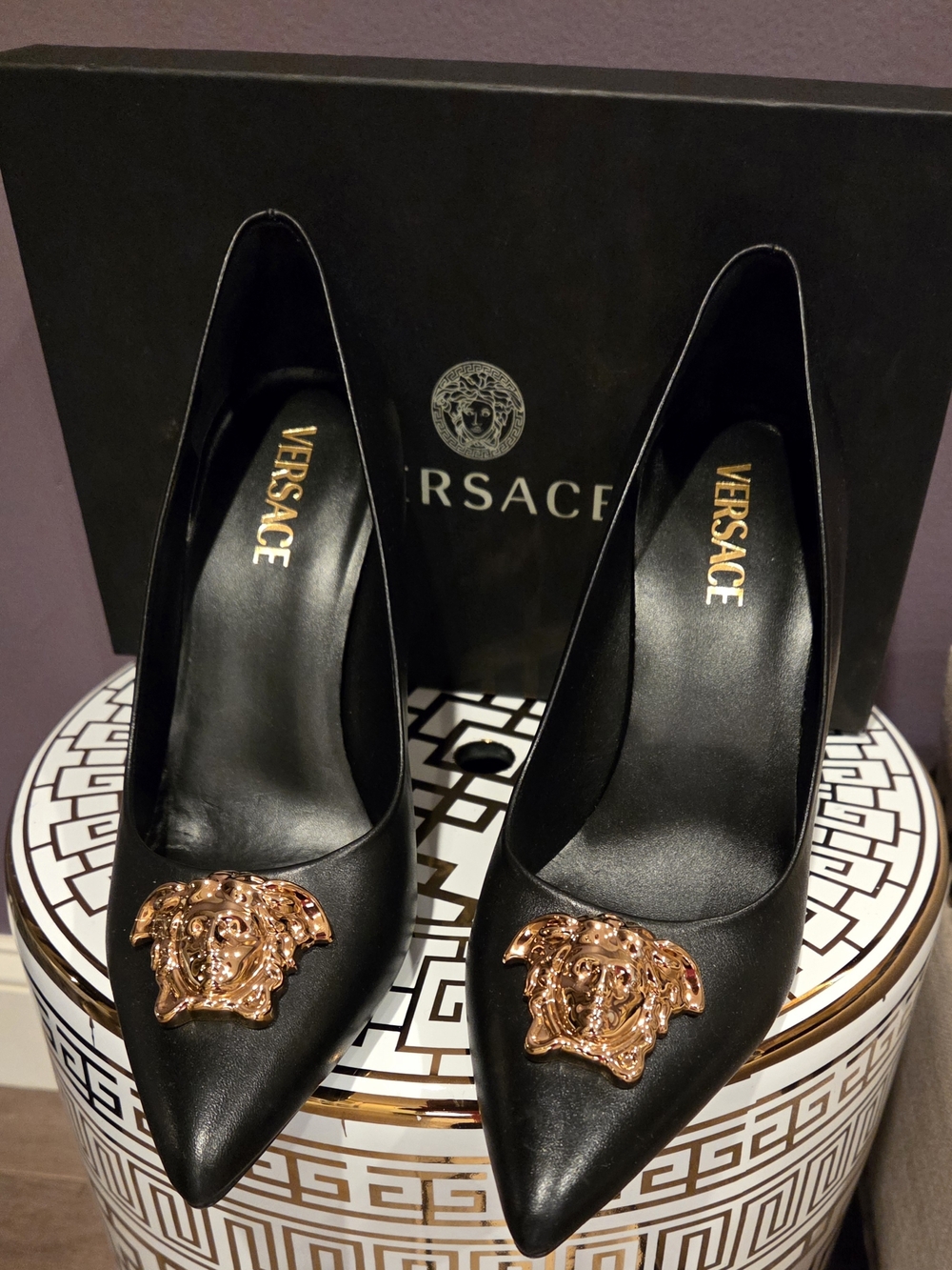 Versace Black Leather Pointed-Toe Pumps with Gold Medusa Accent